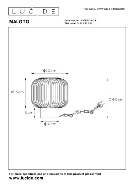 Lucide MALOTO - Tischlampe - Ø 20 cm - 1xE27 - Grün - TECHNISCH